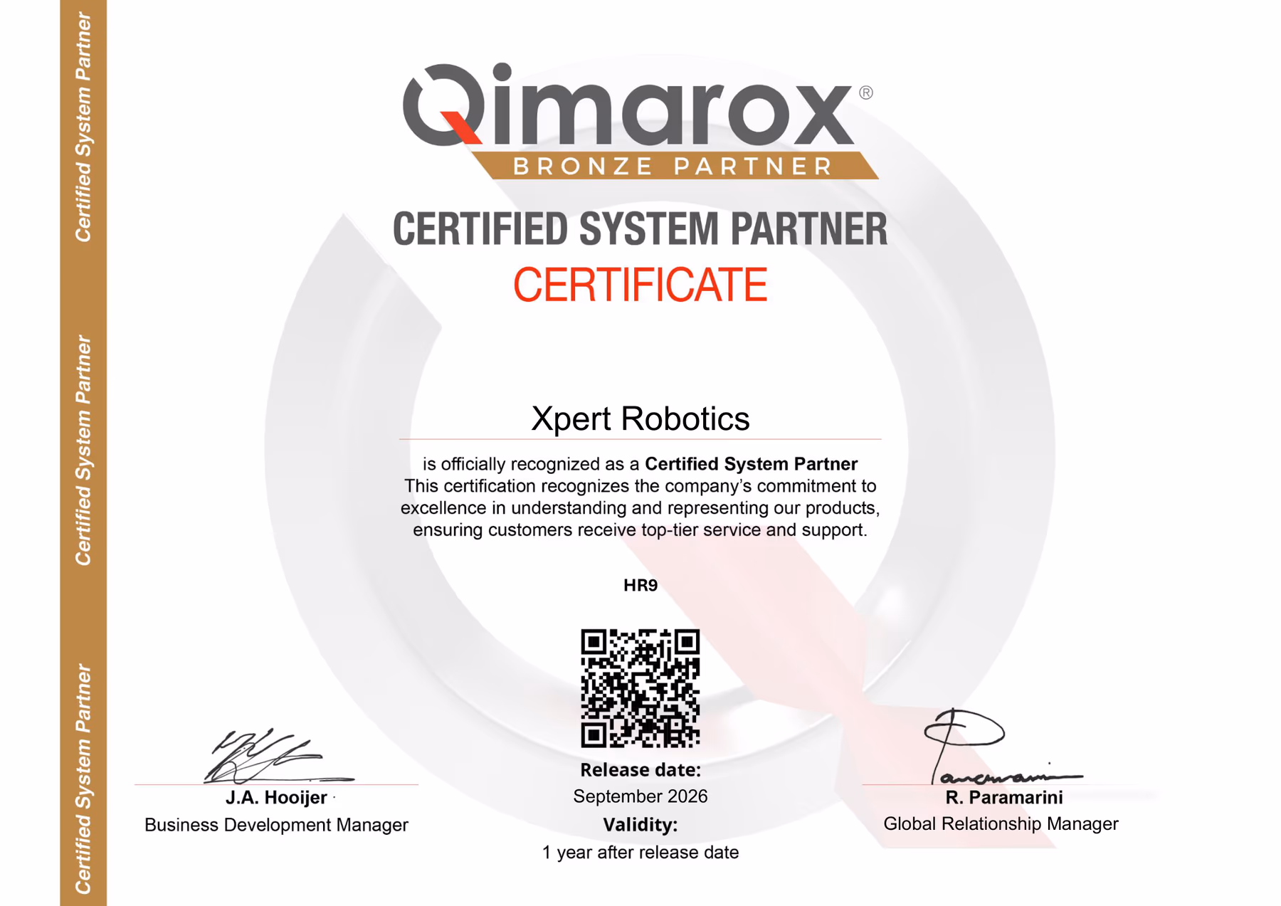 Qimarox Certified System Partner certificate issued to Xpert Robotics — Bronze Partner tier